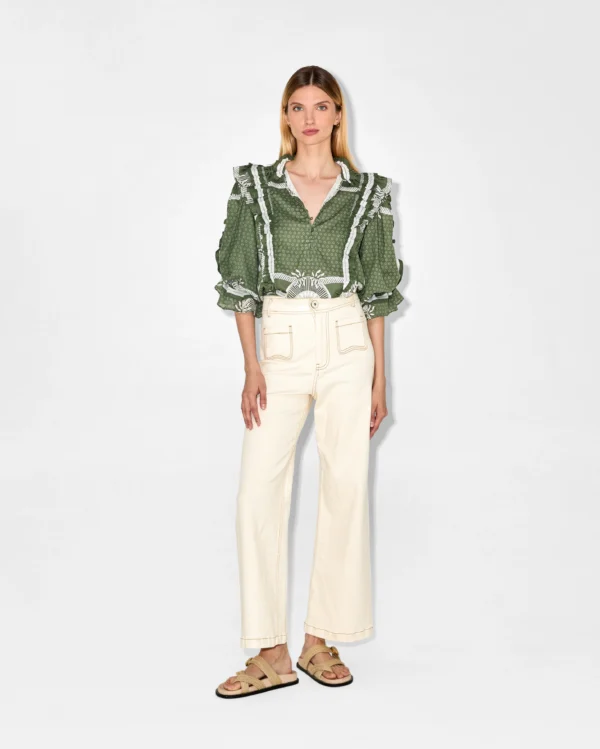 Green Printed Frill Detail Blouse