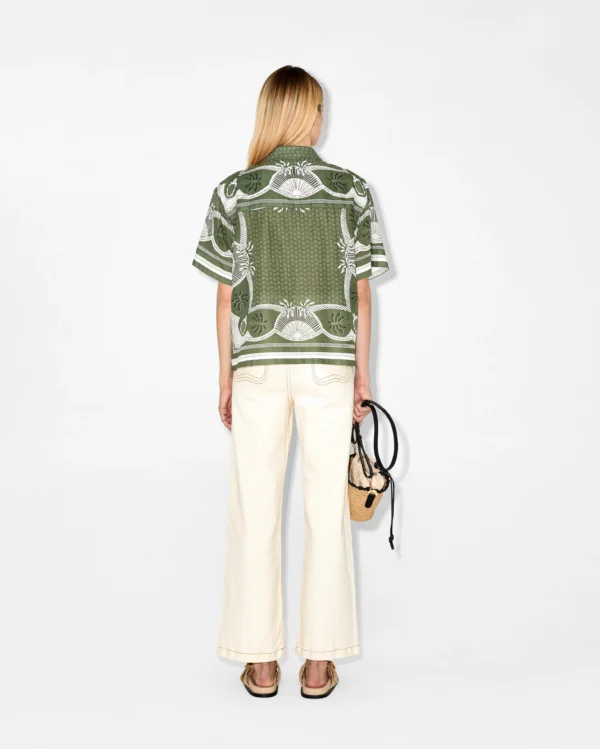 Elegant Green And White Printed Short-Sleeve Shirt