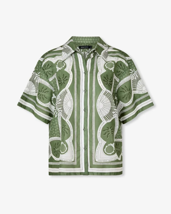 Elegant Green And White Printed Short-Sleeve Shirt