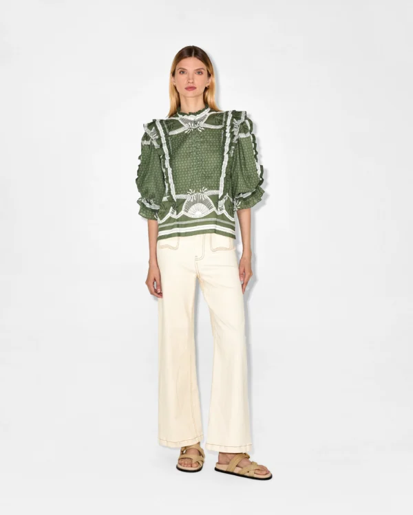 Green Printed Frill Detail Blouse