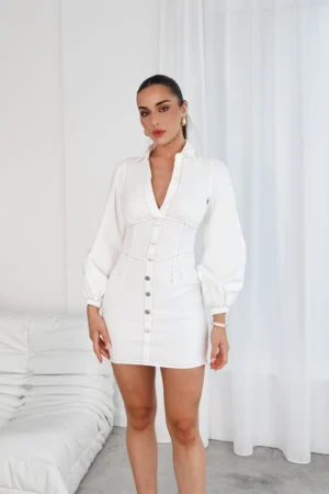 Elegant Buttoned White Mini Dress
