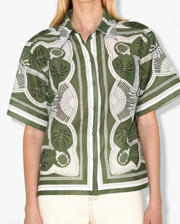 Elegant Green And White Printed Short-Sleeve Shirt