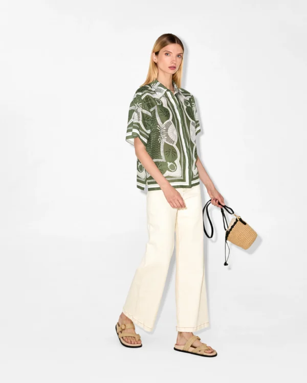Elegant Green And White Printed Short-Sleeve Shirt