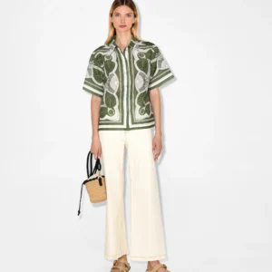 Elegant Green And White Printed Short-Sleeve Shirt