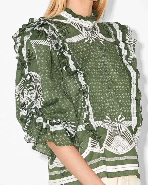 Green Printed Frill Detail Blouse
