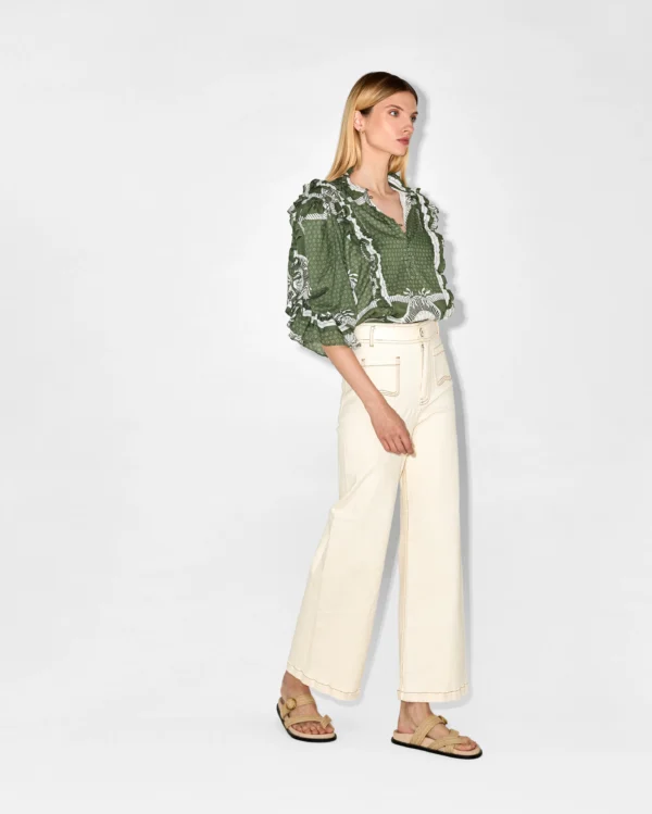 Green Printed Frill Detail Blouse
